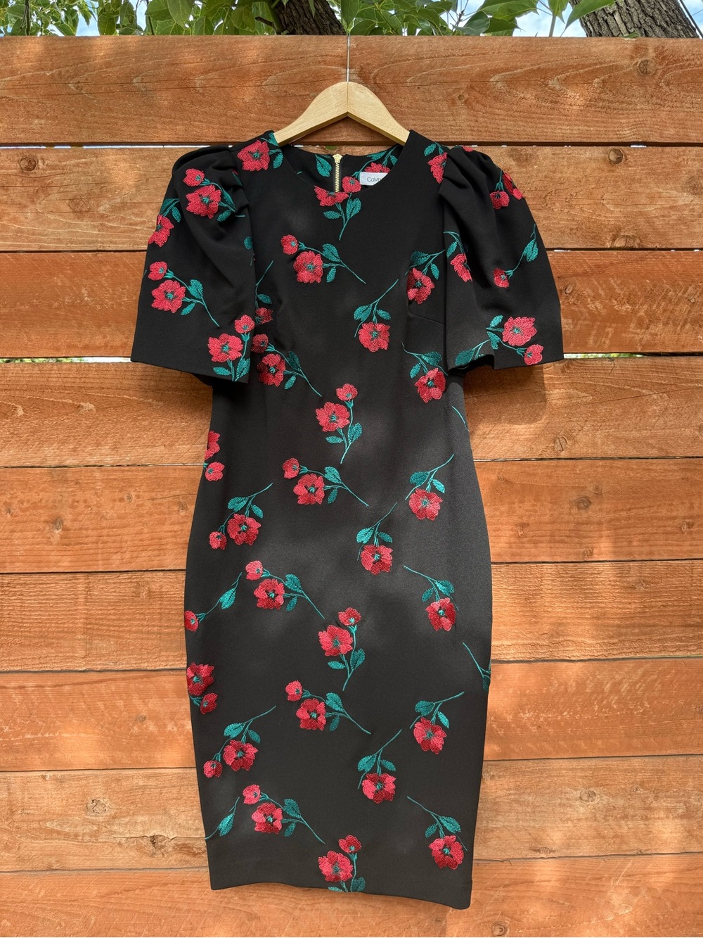 Calvin Klein Black Midi Dress with Floral Embroidery